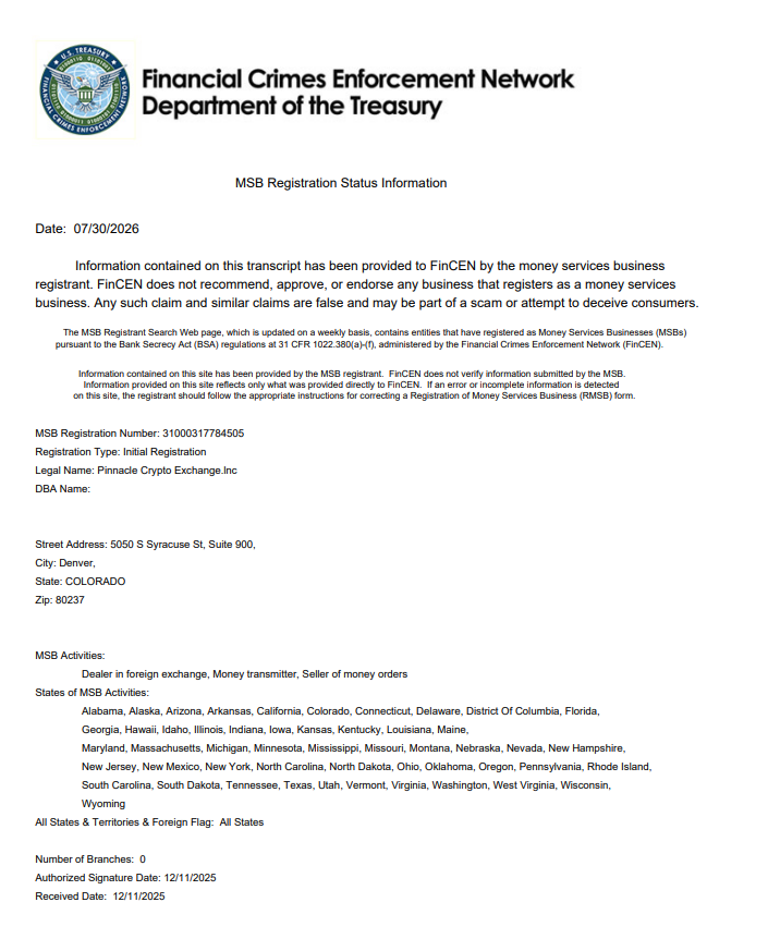 FinCEN MSB registration certificate